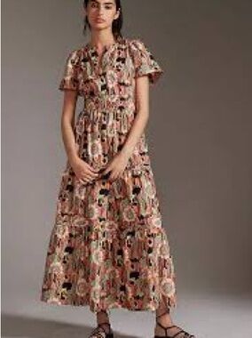 Anthropologie Peach Floral Tiered Maxi Dress